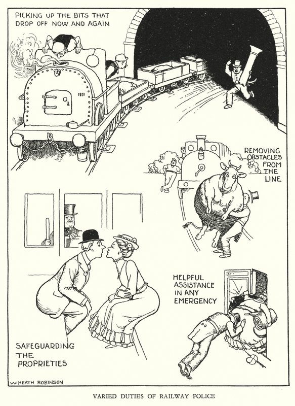 Ilustracja do Ribaldry na kolei autorstwa W. Heatha Robinsona (lito) autorstwa William Heath Robinson