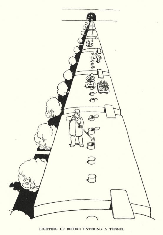 Ilustracja do Ribaldry na kolei autorstwa W. Heatha Robinsona (lito) autorstwa William Heath Robinson