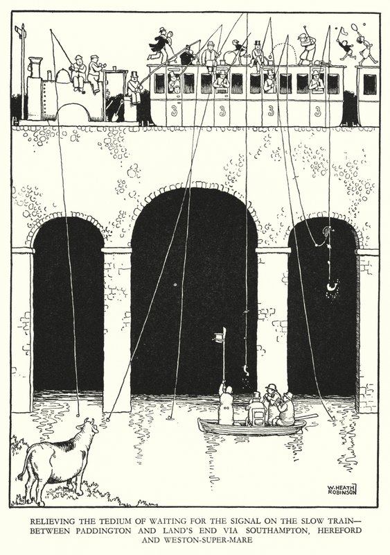Ilustracja do Ribaldry na kolei autorstwa W. Heatha Robinsona (lito) autorstwa William Heath Robinson