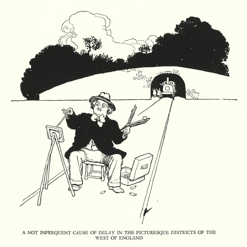 Ilustracja do Ribaldry na kolei autorstwa W. Heatha Robinsona (lito) autorstwa William Heath Robinson