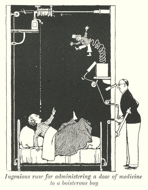 Genialny podstęp do podania dawki lekarstwa niesfornemu chłopcu (lito) autorstwa William Heath Robinson