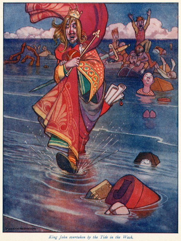 Król Jan wyprzedzony przez przypływ w Wash autorstwa William Heath Robinson