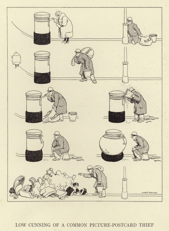 Mała przebiegłość pospolitego złodzieja pocztówek autorstwa William Heath Robinson