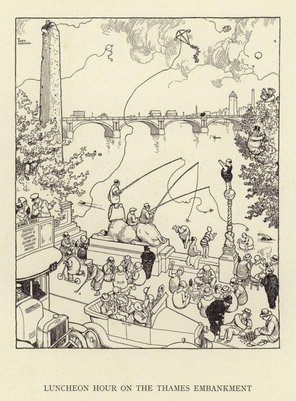 Godzina lunchu na nabrzeżu Tamizy autorstwa William Heath Robinson