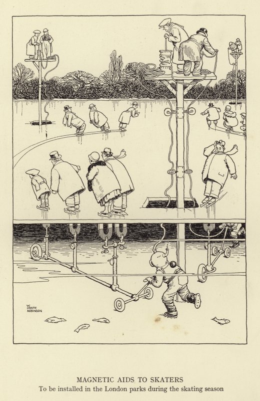 Magnetyczna pomoc dla łyżwiarzy, która zostanie zainstalowana w londyńskich parkach podczas sezonu łyżwiarskiego autorstwa William Heath Robinson