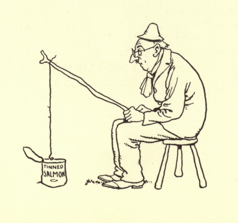 Mężczyzna łowi łososia w puszce autorstwa William Heath Robinson