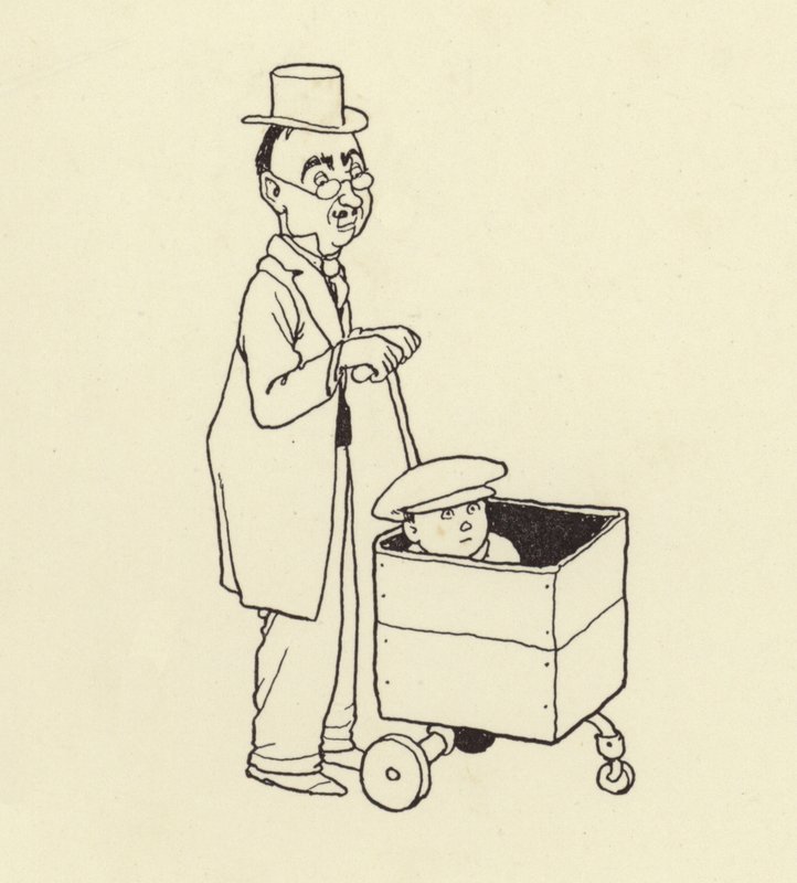 Mężczyzna pchający chłopca w pudełku autorstwa William Heath Robinson