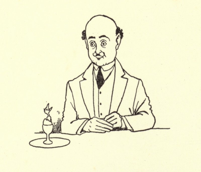 Mężczyzna zaskoczony przez ptaka w swoim porannym jajku autorstwa William Heath Robinson