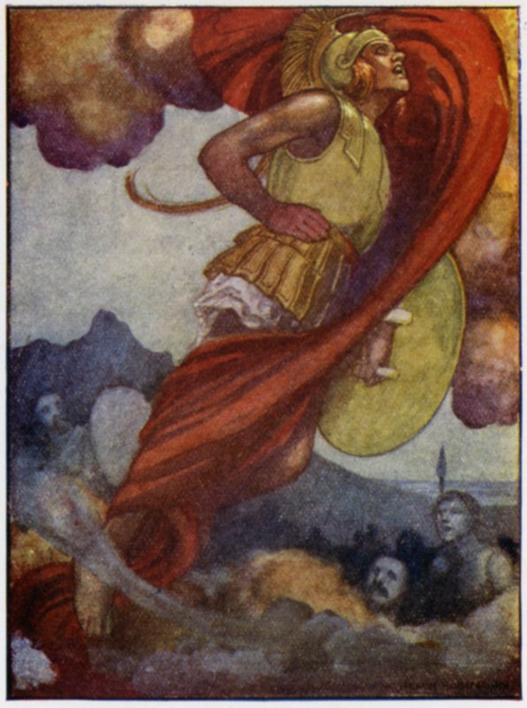 Mars, niczym chmura burzowa, poszybował w górę przez niebo do Olimpu (kolor lito) autorstwa William Heath Robinson