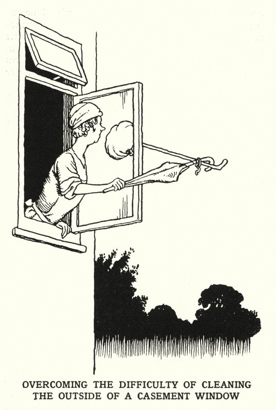 Pokonywanie trudności w czyszczeniu zewnętrznej części okna skrzydłowego (litografia) autorstwa William Heath Robinson
