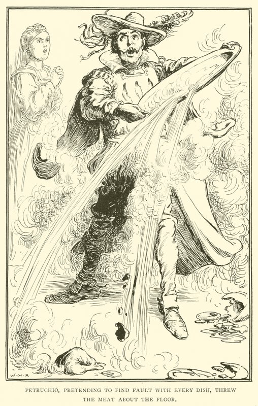 Petruchio, udając, że dopatruje się winy w każdym daniu, rzucał mięsem po podłodze autorstwa William Heath Robinson
