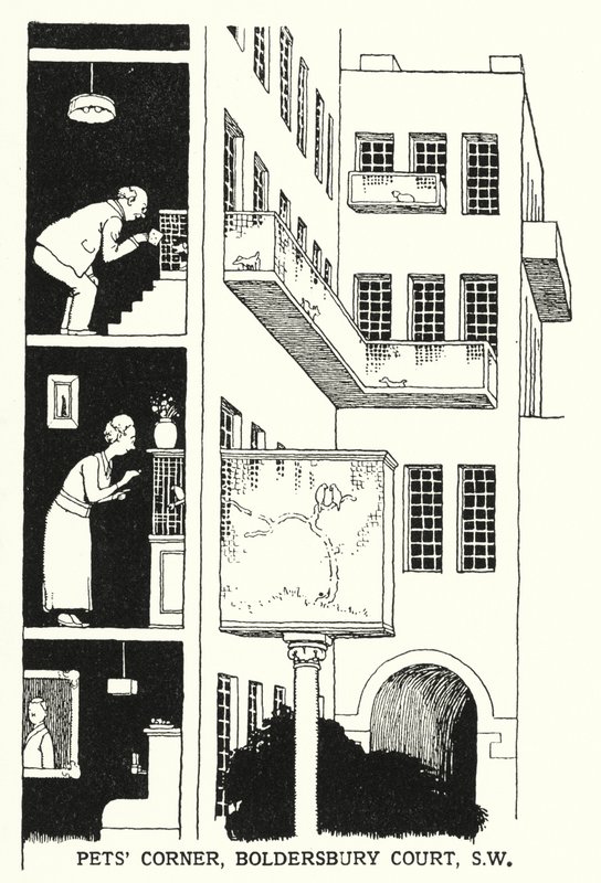 Kącik dla zwierząt, Boldersbury Court, SW (lito) autorstwa William Heath Robinson