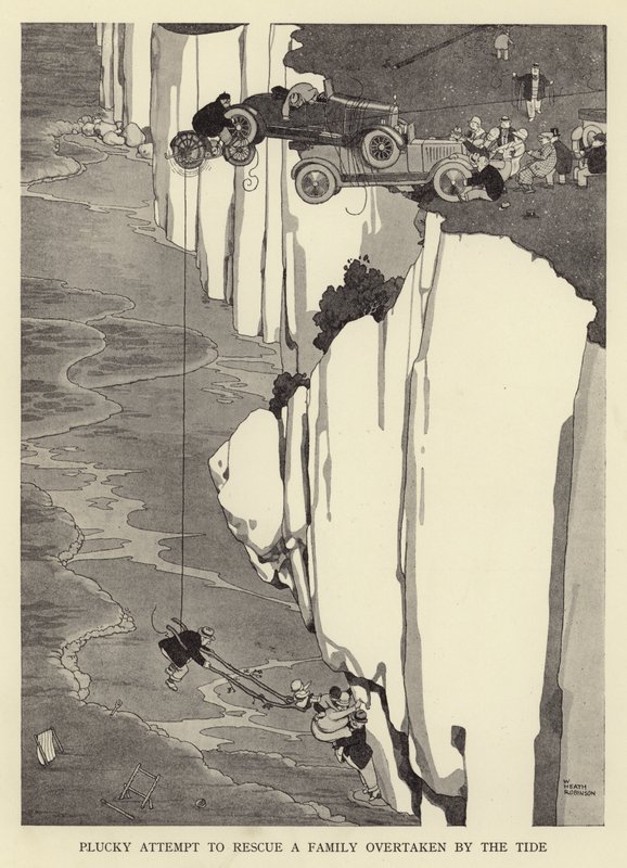 Sprytna próba ratowania rodziny porwanej przez przypływ autorstwa William Heath Robinson
