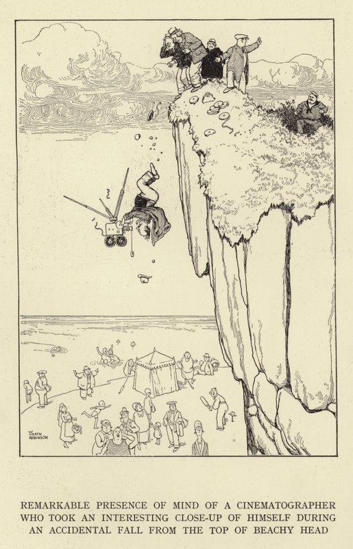 Niezwykła przytomność umysłu operatora filmowego, który zrobił sobie ciekawe zbliżenie podczas przypadkowego upadku ze szczytu Beachy Head autorstwa William Heath Robinson