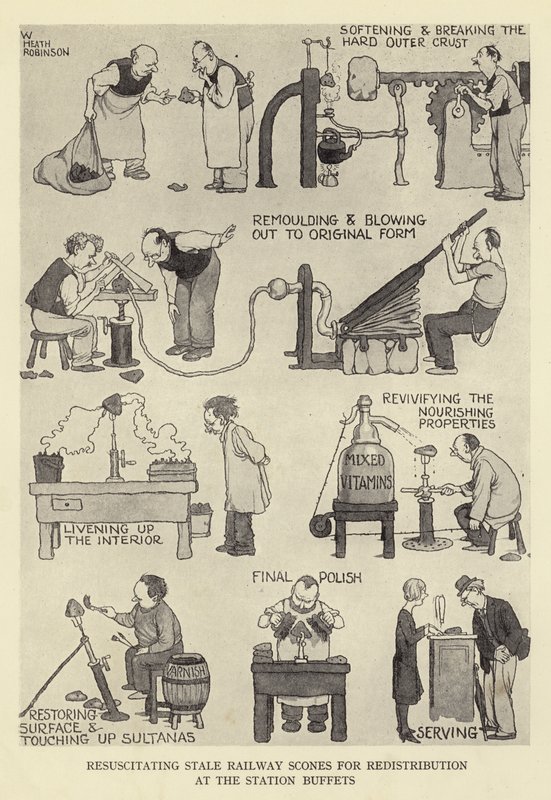 Reanimacja przestarzałych bułeczek kolejowych w celu redystrybucji w bufetach na stacji autorstwa William Heath Robinson