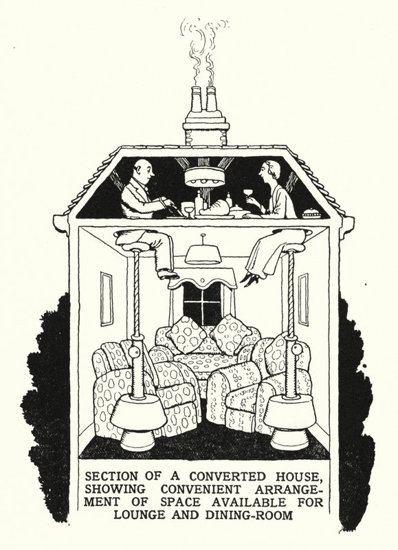Sekcja przebudowanego domu, pokazująca dogodną aranżację przestrzeni dostępnej na salon i jadalnię (lito) autorstwa William Heath Robinson