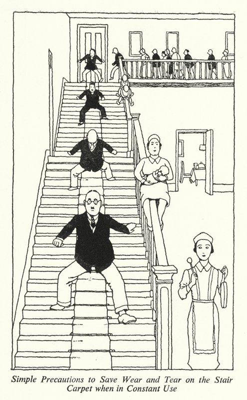 Proste środki ostrożności, aby zmniejszyć zużycie dywanu schodowego podczas ciągłego użytkowania (litografia) autorstwa William Heath Robinson