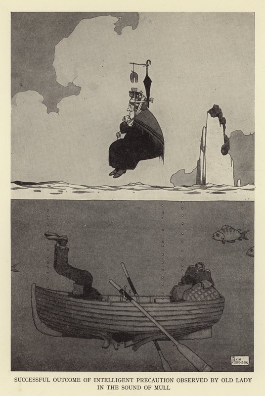 Pomyślny wynik inteligentnej ostrożności zauważony przez staruszkę w odgłosie mull autorstwa William Heath Robinson