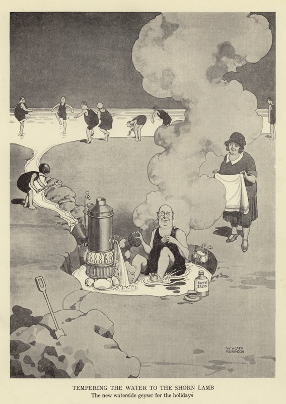 Temperowanie wody do strzyżonego baranka, nowy gejzer nad wodą na święta autorstwa William Heath Robinson