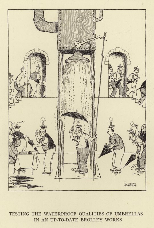 Testowanie wodoodporności parasoli w nowoczesnym Brolley Works autorstwa William Heath Robinson