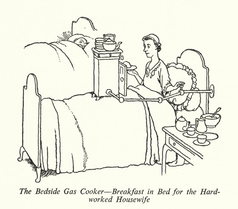 Przyłóżkowa kuchenka gazowa, śniadanie w łóżku dla ciężko zapracowanej gospodyni domowej (lito) autorstwa William Heath Robinson