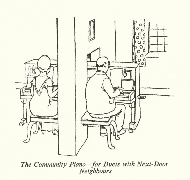 The Community Piano, na duety z sąsiadami z sąsiedztwa (lito) autorstwa William Heath Robinson