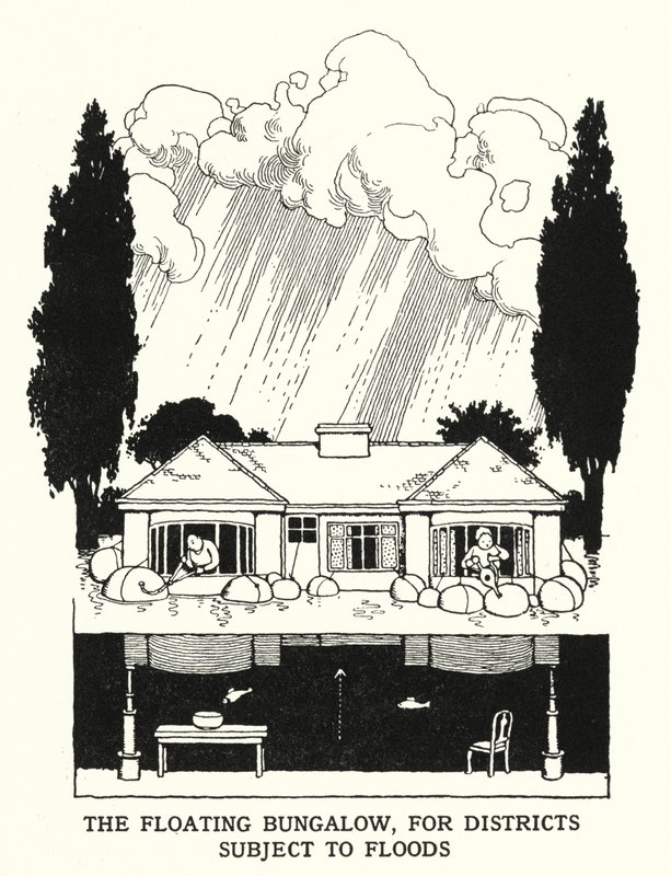 Pływający bungalow dla dzielnic narażonych na powodzie (litos) autorstwa William Heath Robinson