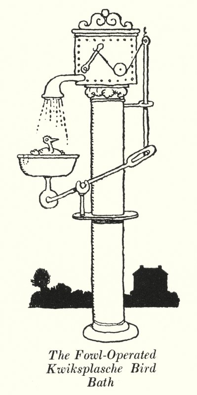 Kąpielisko dla ptaków Kwiksplasche obsługiwane przez drobiu (lito) autorstwa William Heath Robinson