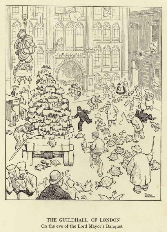 Guildhall of London, w przeddzień Bankietu Lorda Burmistrza autorstwa William Heath Robinson
