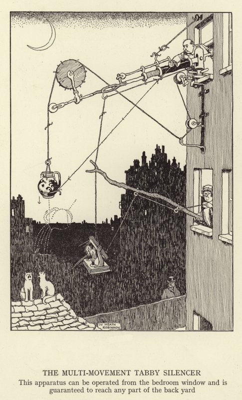 Multi-ruchowy tłumik tabby, to urządzenie może być obsługiwane z okna sypialni i gwarantuje dotarcie do dowolnej części podwórka autorstwa William Heath Robinson