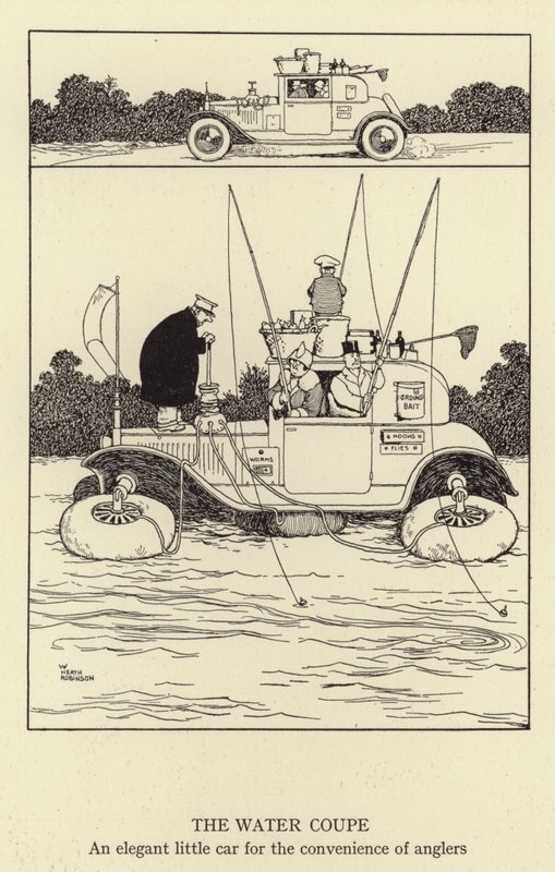 Water Coupe, elegancki mały samochód dla wygody wędkarzy autorstwa William Heath Robinson