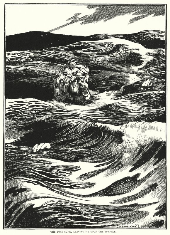 Łódź zatonęła, pozostawiając mnie na powierzchni (rycina) autorstwa William Heath Robinson