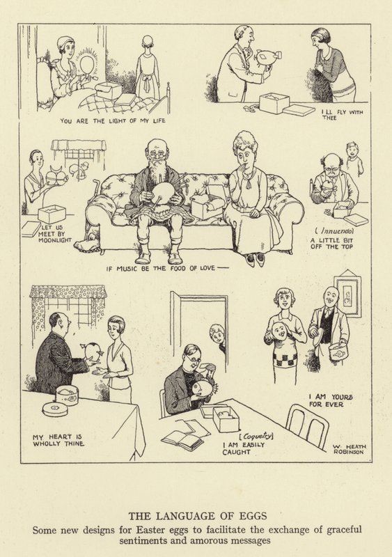 Język jajek, kilka nowych wzorów pisanek, aby ułatwić wymianę wdzięcznych uczuć i miłosnych wiadomości autorstwa William Heath Robinson