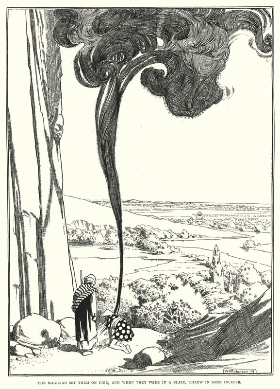 Czarodziej podpalił je, a gdy płonęły, dorzucił kadzidło (grawerunek) autorstwa William Heath Robinson