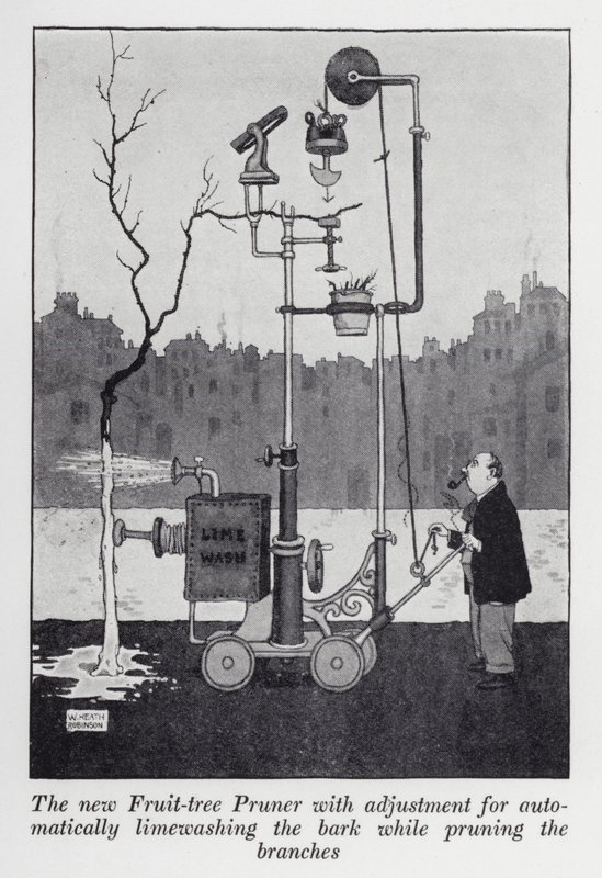 Nowy sekator do drzew owocowych z regulacją do automatycznego wapnowania kory podczas przycinania gałęzi (litowo) autorstwa William Heath Robinson