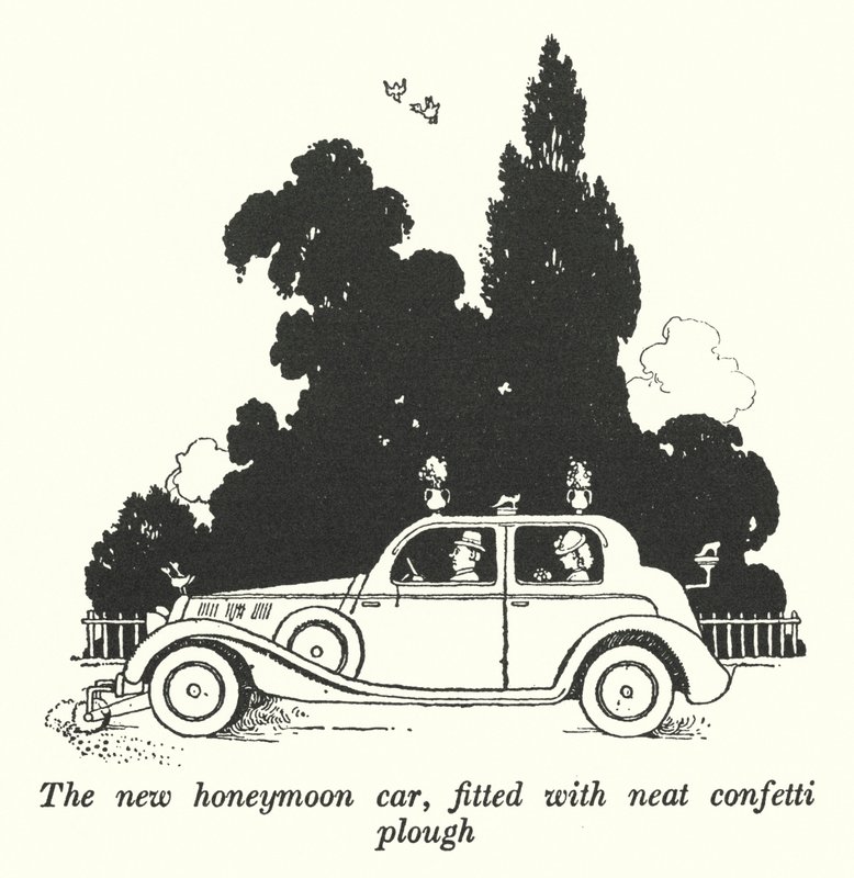 Nowy samochód dla nowożeńców, wyposażony w zgrabny pług do konfetti (litho) autorstwa William Heath Robinson