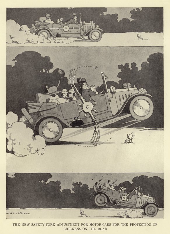 Nowa regulacja widelca zabezpieczającego do samochodów osobowych w celu ochrony kurczaków na drodze autorstwa William Heath Robinson