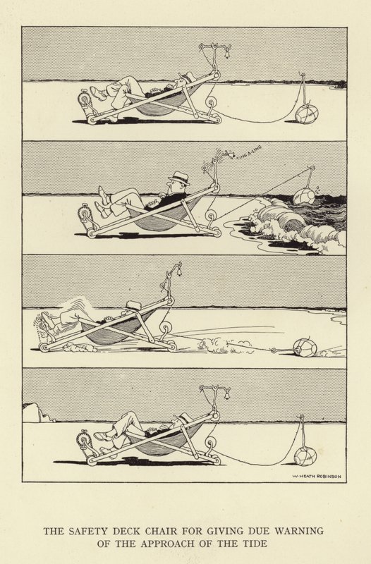 Leżak bezpieczeństwa do należytego ostrzegania o zbliżaniu się przypływu autorstwa William Heath Robinson
