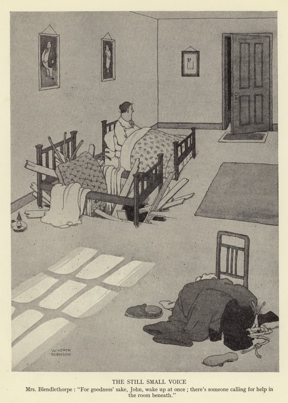 Na miłość boską, John, obudź się natychmiast; w pokoju pod nami ktoś woła o pomoc. autorstwa William Heath Robinson
