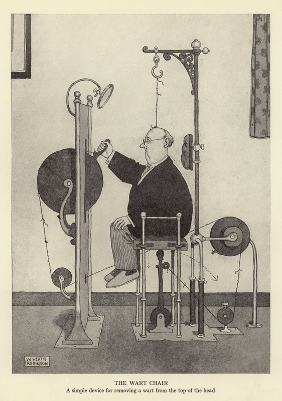 Krzesło na brodawki, proste urządzenie do usuwania brodawki z czubka głowy autorstwa William Heath Robinson