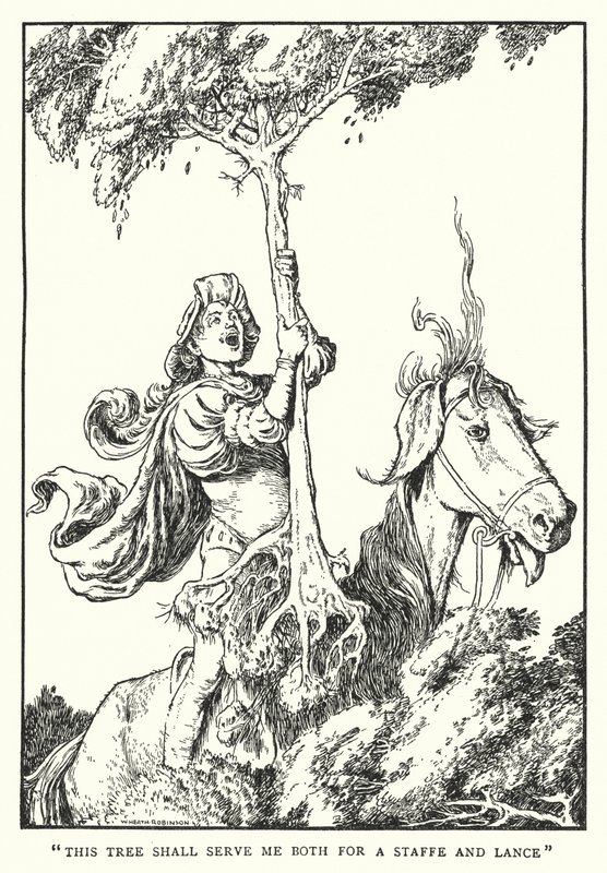 „To drzewo będzie mi służyło zarówno za kij, jak i za włócznię” (lit) autorstwa William Heath Robinson