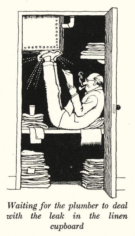 Czekam, aż hydraulik upora się z przeciekiem w szafce na bieliznę (lito) autorstwa William Heath Robinson