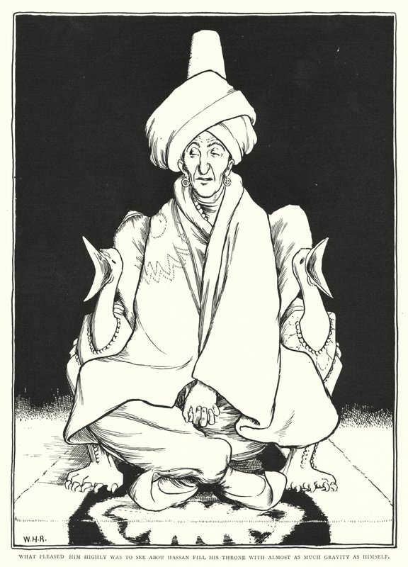 To, co bardzo go ucieszyło, to widok Abou Hassana wypełniającego swój tron z niemal taką samą powagą jak on sam (rycina) autorstwa William Heath Robinson