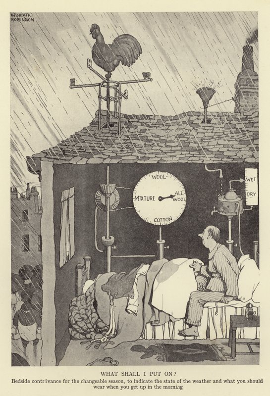 Co należy umieścić na Bedside contrivance dla zmiennego sezonu, aby wskazać stan pogody i co należy nosić, gdy wstajesz rano. autorstwa William Heath Robinson