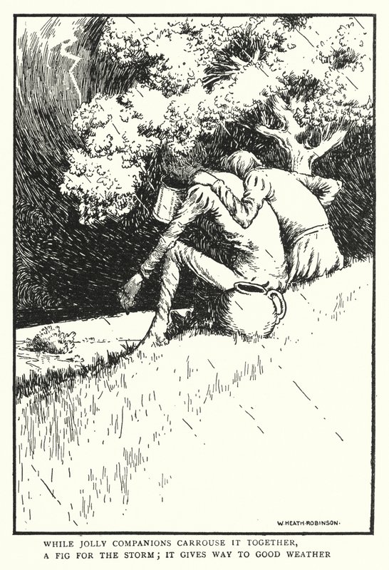 Podczas gdy wesoły towarzysze niosą go razem, figa na burzę, ustępuje dobrej pogodzie (litos) autorstwa William Heath Robinson