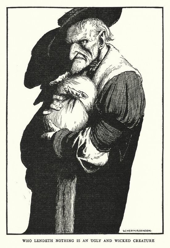 Kto niczego nie pożycza, jest brzydkim i niegodziwym stworzeniem (lito) autorstwa William Heath Robinson