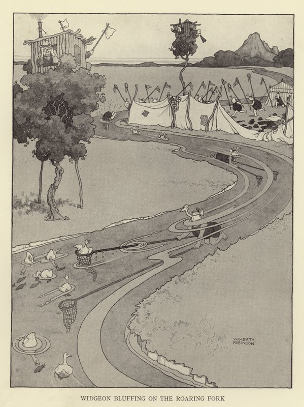 Widgeon blefuje na Ryczącym Widelcu autorstwa William Heath Robinson