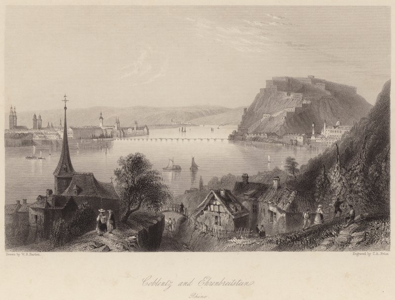 Coblentz i Ehrenbreitstein (grawerowanie) autorstwa William Henry (after) Bartlett
