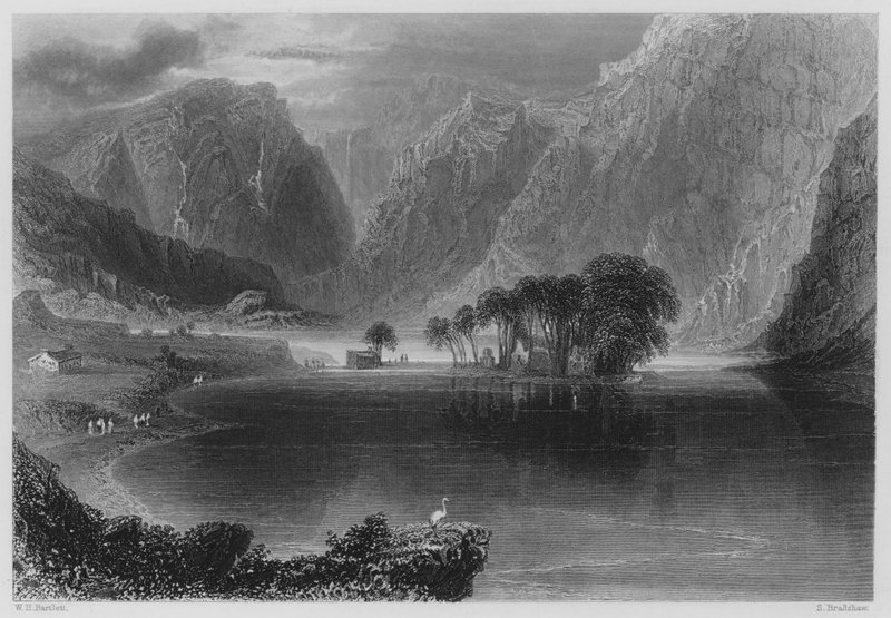 Gougane Barra (grawerowanie) autorstwa William Henry (after) Bartlett