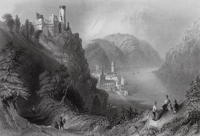 Oberwesel i zamek Schomberg (rycina) autorstwa William Henry (after) Bartlett